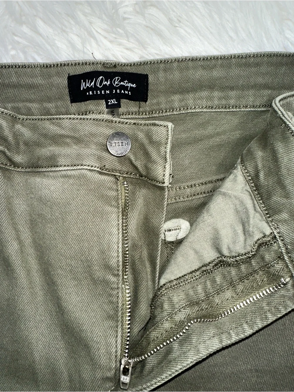 Risen • x Wild Oak Boutique Army Green Distressed Hem Jeans